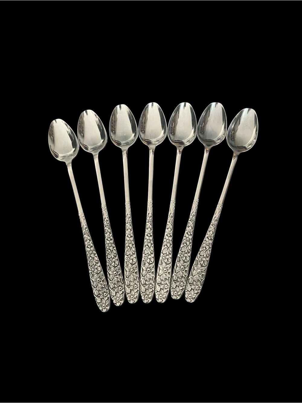 VTG Nasco Narcissus Japan Embossed Floral Set of 7 Long Handle Teaspoons Ice Tea